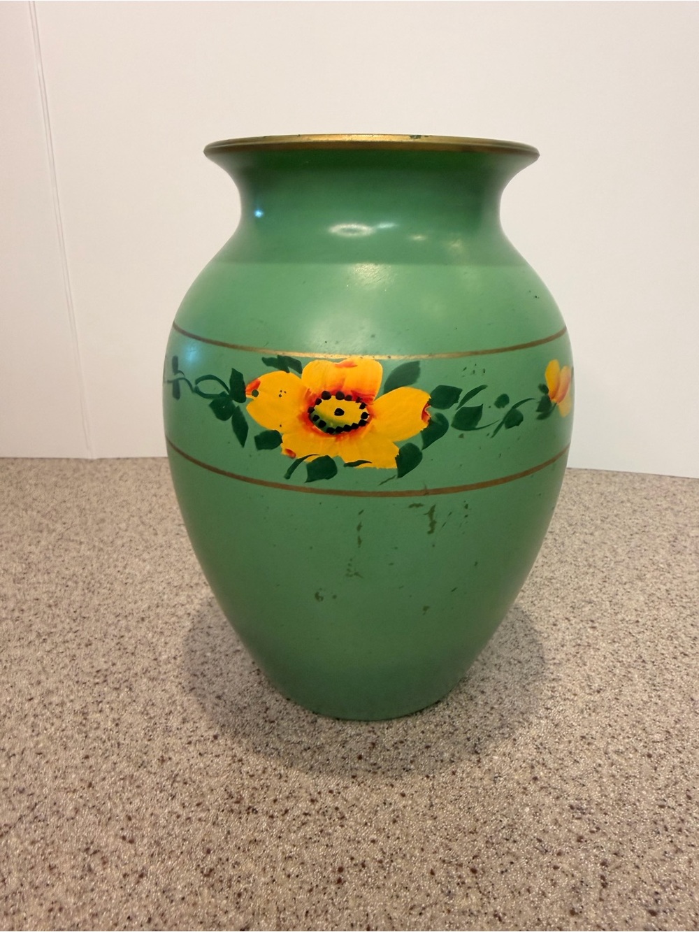 Vintage Hand-Painted Green Glass Vase | Floral Gold Trim Decor